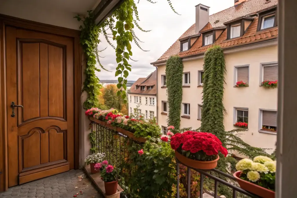 Blick von innen auf einen Balkon mit Chrysanthemen, Efeu und Kalanchoe in dekorativen Töpfen, vor der Fassade eines Mehrfamilienhauses.