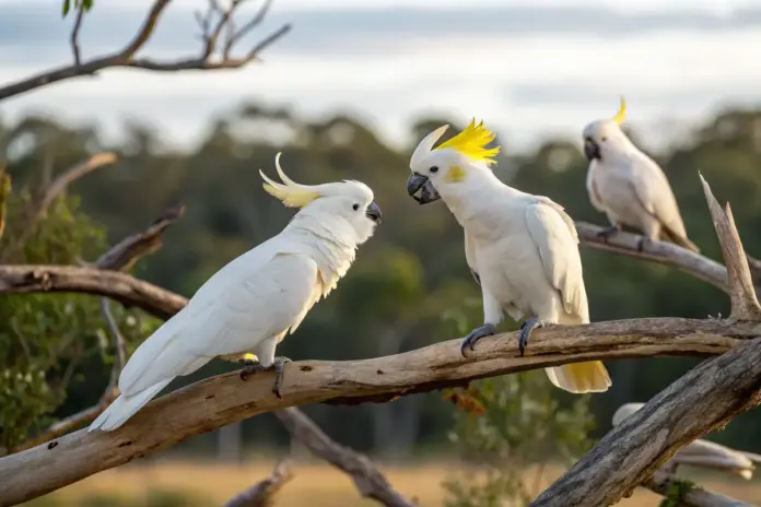 Verschiedene Kakadu-Arten auf Ästen in ihrer natürlichen Umgebung.
