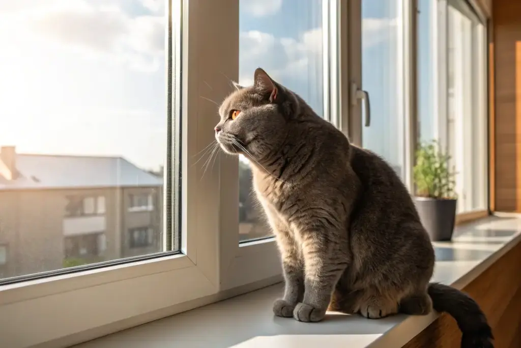 Ruhige Britisch Kurzhaar Katze auf dem Fensterbrett – ideal für Anfänger.