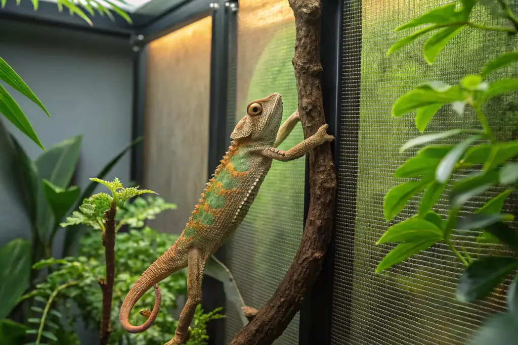 Chamäleon klettert an einer Gitterwand eines Terrariums mit Pflanzen und Ästen.