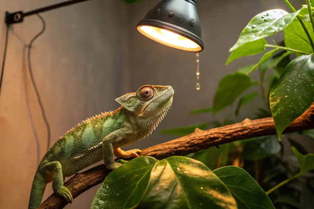 Chamäleon sitzt auf einem Ast und genießt die Wärme einer UV-B-Lampe.