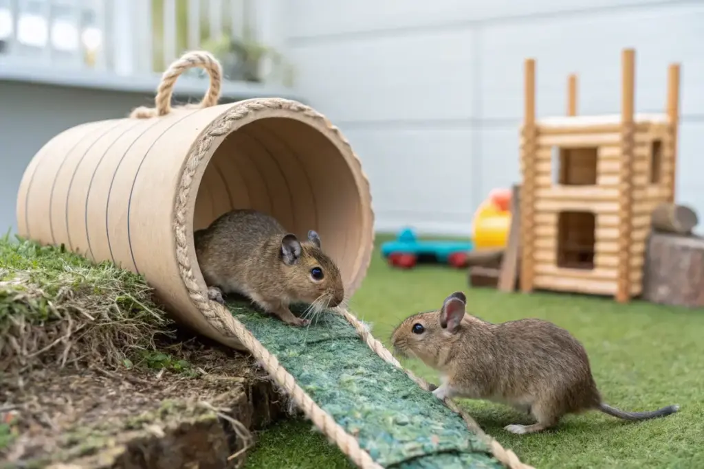 Zwei Degus im Auslauf mit Seil, Tunnel und Intelligenzspielzeug.