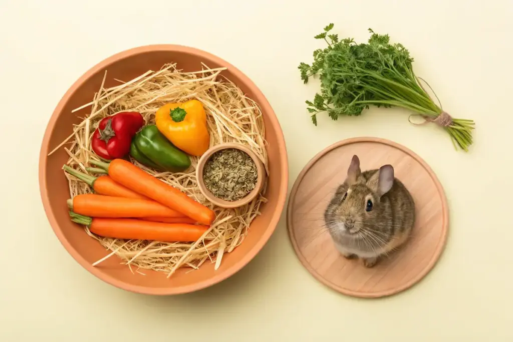 Gesunder Futterbereich für Degus mit Heu, Gemüse und Kräutern.