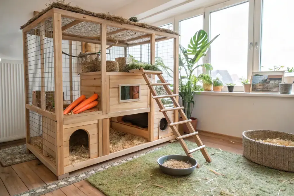 Ein großzügiges Degu-Gehege mit Ebenen, Kletterelementen, Sandbad und Verstecken in natürlicher Gestaltung und mit Möglichkeit zum Freilauf.