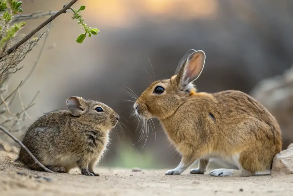 Ein Degu und ein Kaninchen sitzen zusammen, aber sie haben unterschiedliche Verhaltensweisen.