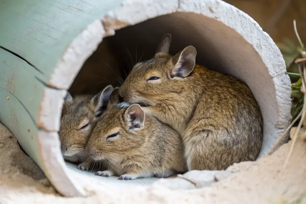 Eine Gruppe von Degus schläft zusammen in einer Korkröhre in ihrem Degu-Gehege.