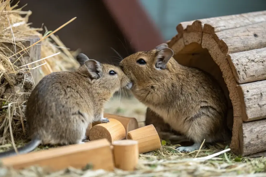 Zwei Degus beim gegenseitigen Putzen in einem gemütlichen Lebensraum.