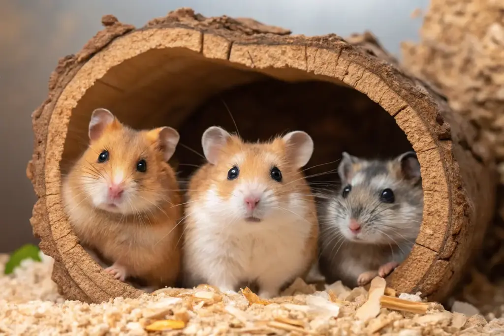 Vergleich von Goldhamster, Zwerghamster und Roborowski-Hamster im gut ausgestatteten Käfig.