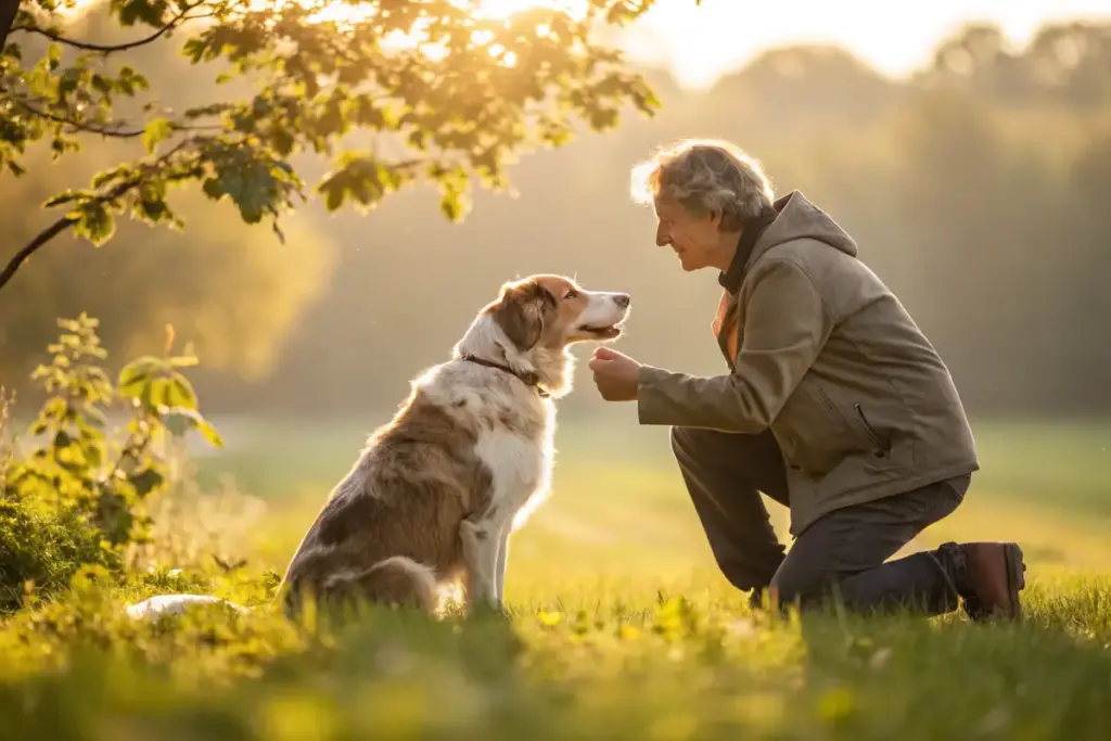Entspannter Hund und Besitzer im Park, die Ruhe und Vertrauen ausstrahlen.