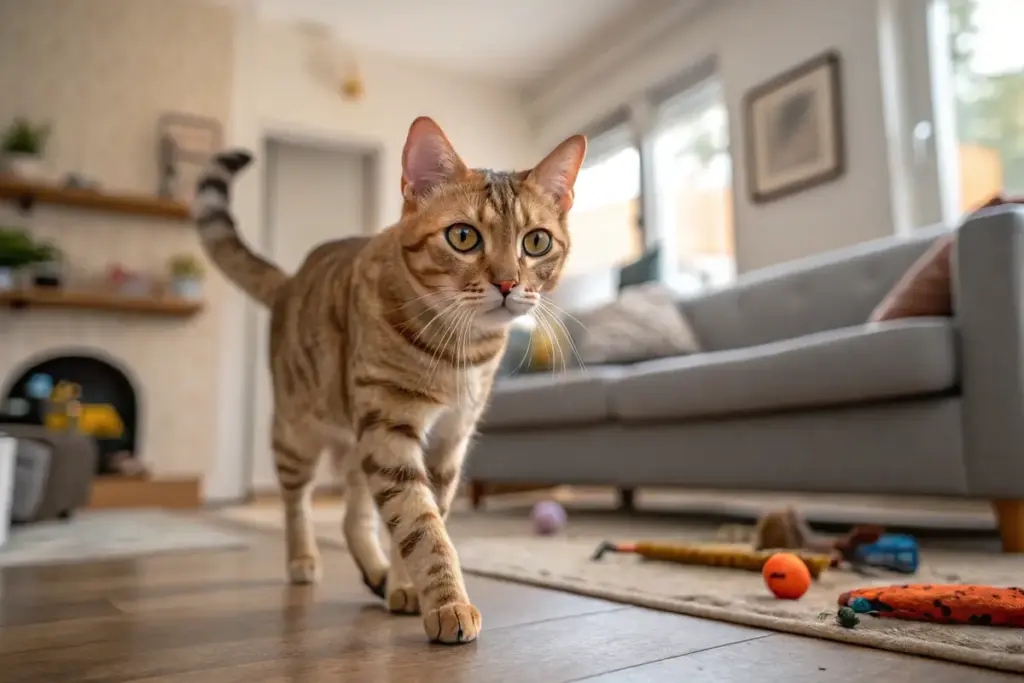 Europäische Kurzhaar Katze in einem gemütlichen Wohnzimmer – ideale Wohnungskatze.