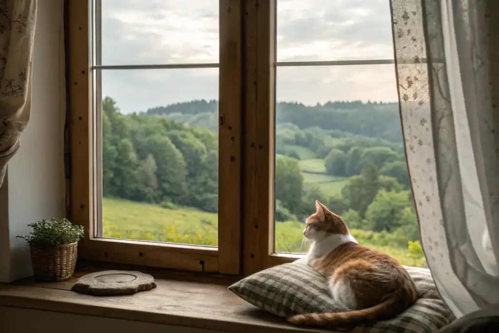 Fensterbank mit gemütlichem Katzenkissen, auf dem eine Katze entspannt liegt und den Blick ins Grüne genießt.