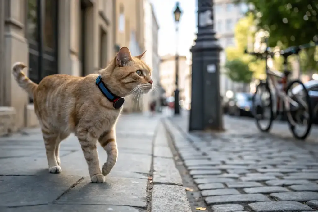 Freigänger-Katze mit GPS-Tracker am Halsband auf einer städtischen Straße, umgeben von urbanem Flair.