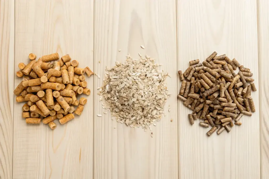 Holzpellets, recycelte Zeitung und Alfalfa-Pellets als Einstreu für Frettchen auf einem Holzuntergrund.