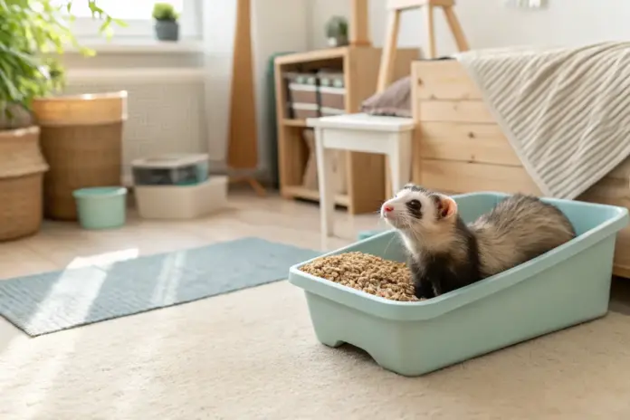 Frettchen nutzt eine mit Einstreu gefüllte Katzentoilette für sein Geschäft.