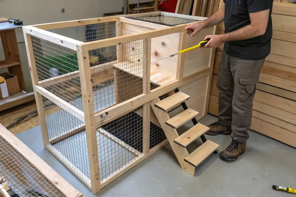 Selbstgebauter Frettchenkäfig aus Holz und punktgeschweißtem Drahtgitter und mit mehreren Ebenen.