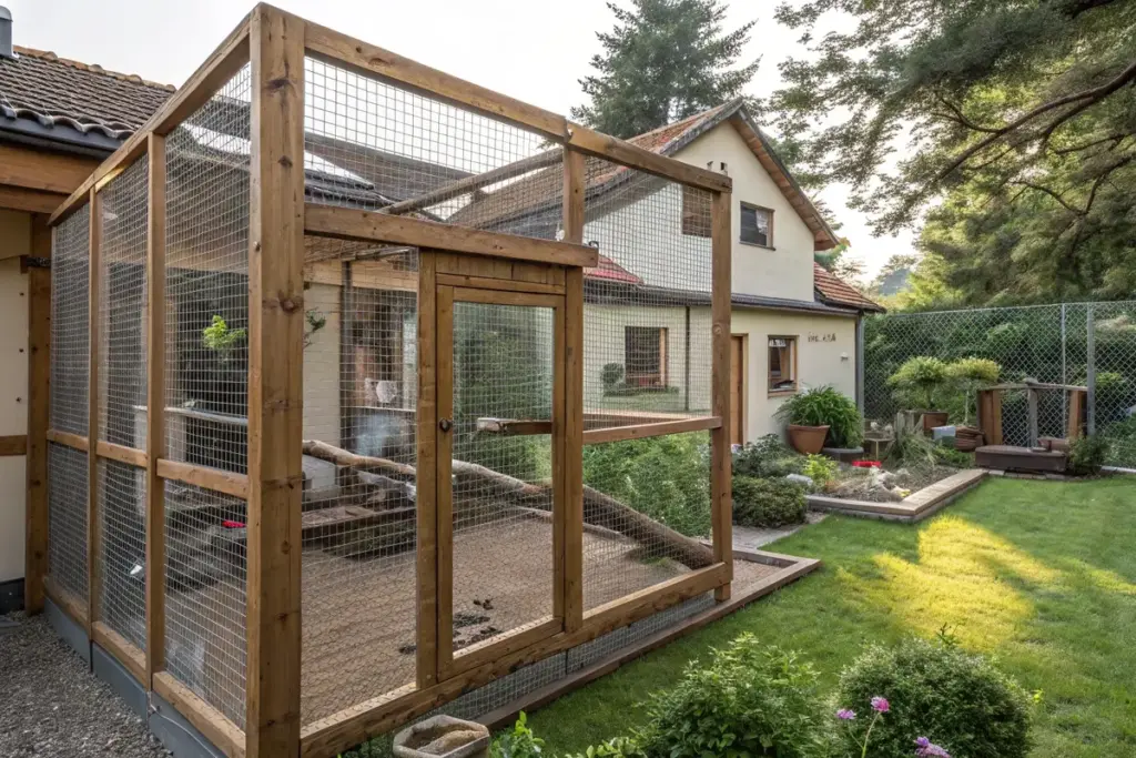 Selbstgebaute rechteckige Outdoor-Voliere aus Holz und Gitter mit Gelbhaubenkakadu im deutschen Garten.