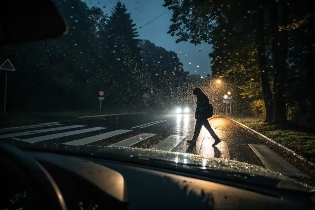 Blick durch die Windschutzscheibe bei Nacht: Person in dunkler Kleidung kaum sichtbar beim Überqueren der Straße.