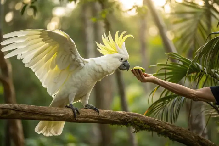 Gelbhaubenkakadu auf einem Ast in der Natur, fixiert eine herannahende Hand und zeigt durch geneigten Kopf und geöffnete Flügel Unruhe.