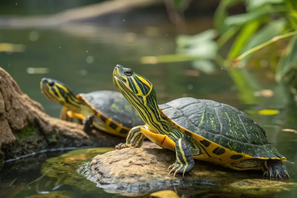 Zwei Gelbwangen-Schmuckschildkröten (Trachemys scripta scripta) sonnen sich auf einem Stein im Teich.