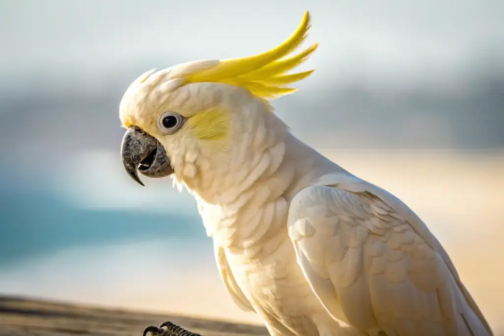Gesunder Kakadu mit glänzendem Gefieder und klaren Augen als Symbol für die Gesundheit beim Kauf eines Vogels.