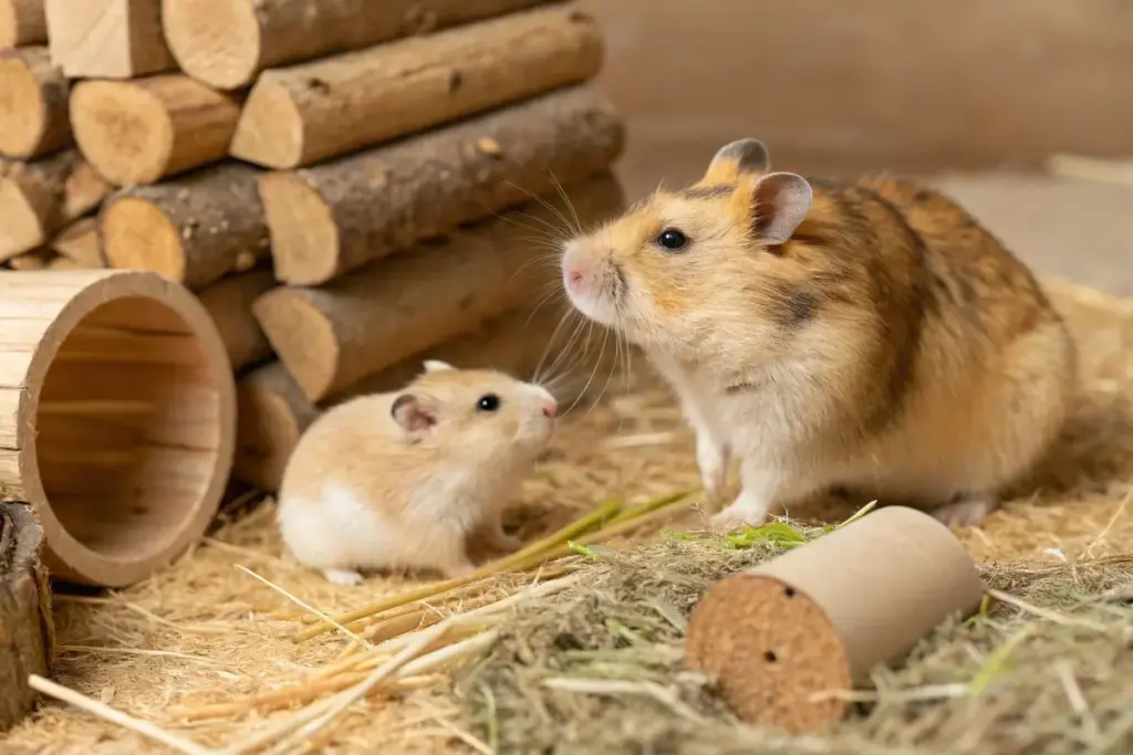Größenunterschied zwischen Goldhamster und Zwerghamster auf natürlicher Einstreu mit Holz und Korkröhren.