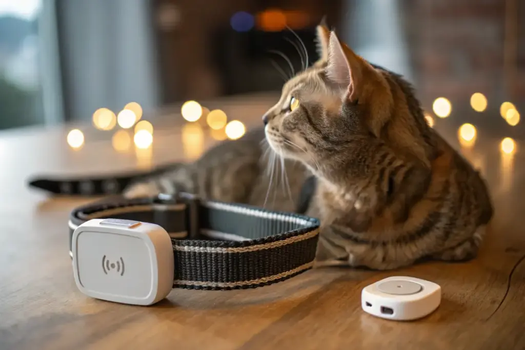 Detailaufnahme eines Sicherheitshalsbands mit GPS-Tracker für Katzen, zeigt die innovative Technik und einfache Befestigung.
