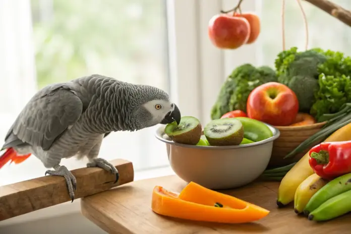 Graupapagei pickt frische Kiwi aus einer bunten Schale mit Obst und Gemüse.