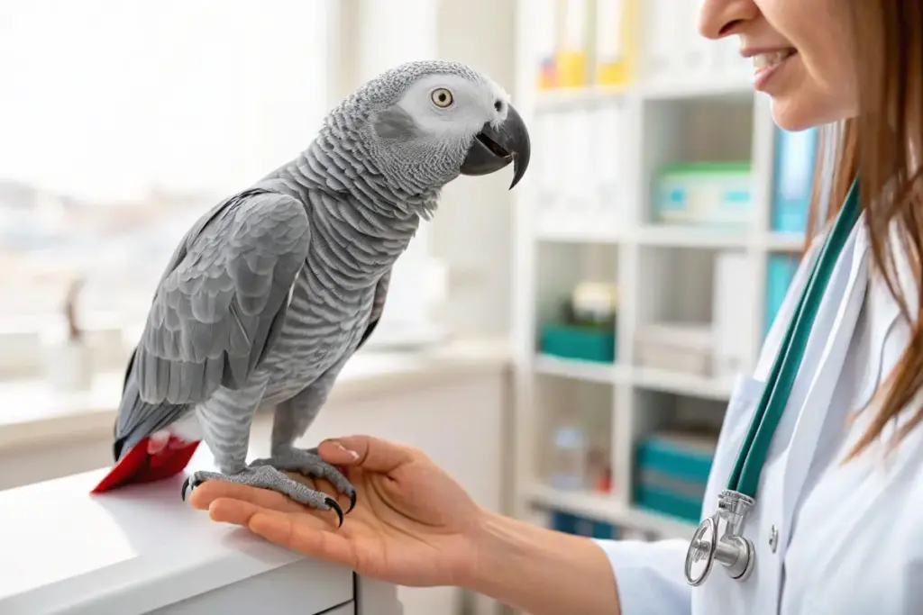 Tierarzt untersucht Graupapagei auf Gesundheit während einer präventiven Kontrolle.