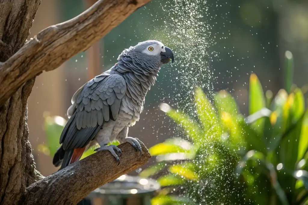 Graupapagei genießt eine sanfte Dusche mit feinen Wassertröpfchen, die in der Luft schweben.