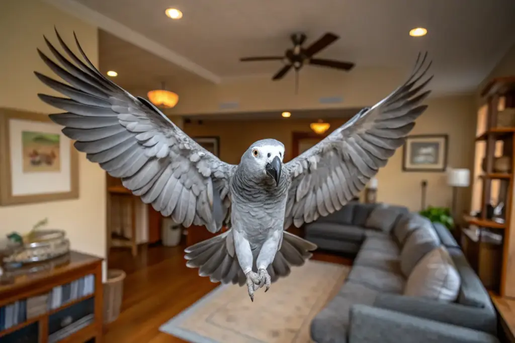 Graupapagei fliegt frei in einer sicheren Wohnung.