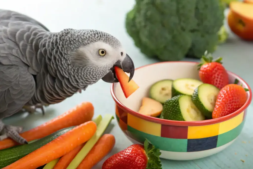 Graupapagei frisst frisches Obst aus einer bunten Schale.