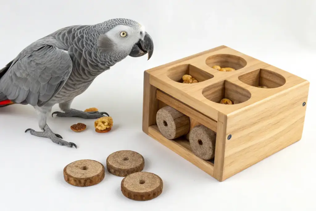Intelligentes Futterspielzeug für Graupapageien mit Leckerli-Verstecken.