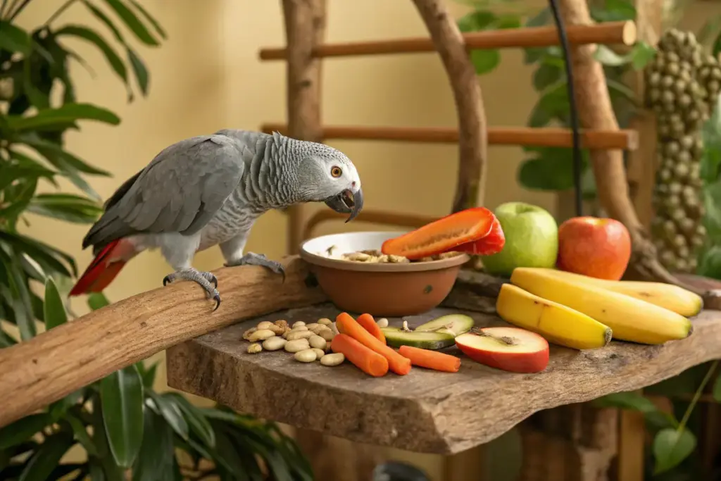 Graupapagei frisst frisches Obst, umgeben von gesunden Nahrungsmitteln wie Gemüse, Nüssen und Samen.