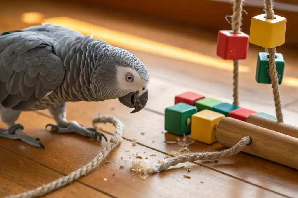 Kau- und Zerstörspielzeug für Graupapageien mit Holzklötzen und Sisalseilen.