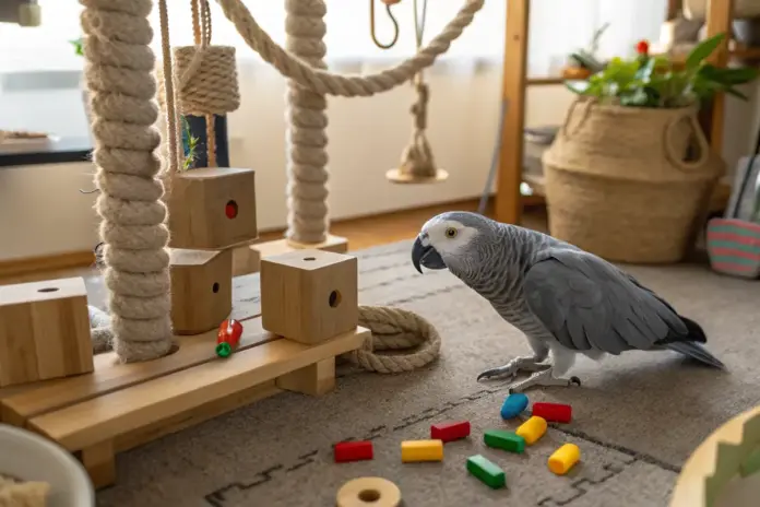 Glücklicher Graupapagei spielt mit artgerechtem Spielzeug.