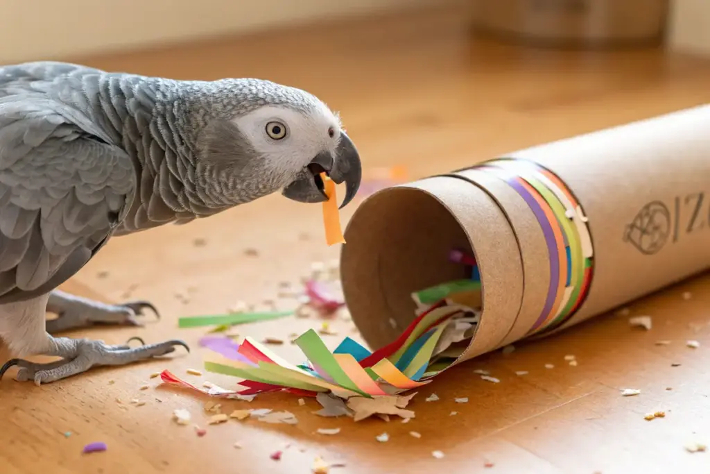 Graupapagei spielt mit Kartonrolle und Papierstreifen.