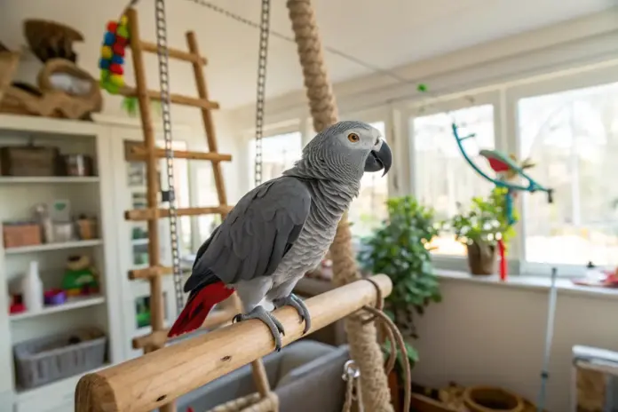 Graupapagei sitzt auf einer Holzstange in einem freundlichen Wohnzimmer mit großer Voliere im Hintergrund.
