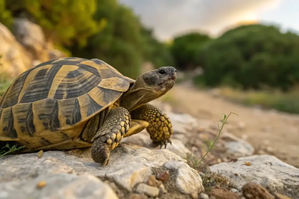 Griechische Landschildkröte (Testudo hermanni) in ihrem natürlichen Habitat, mit Steinen, Felsen und Erde.