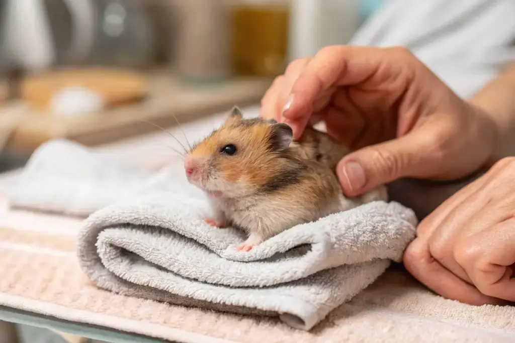 Hamster sitzt ruhig auf einem Handtuch, als Vorbereitung zum Krallenschneiden.