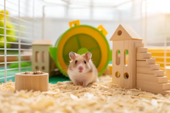 Hamster in einem artgerechten Käfig mit Spielzeugen und natürlicher Einstreu.
