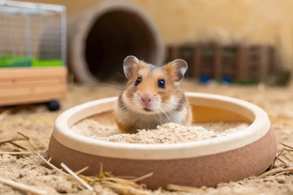 Hamster gräbt in einer Buddelkiste mit speziellem Buddelsand.