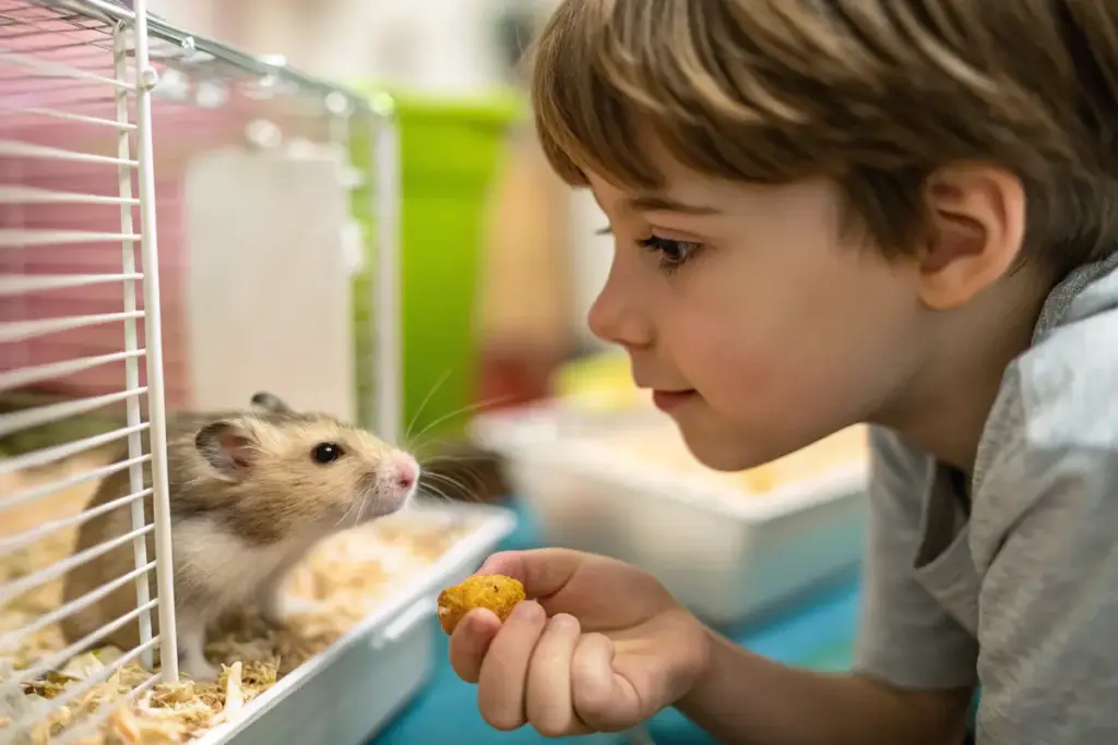 Kind bietet ruhig ein Leckerli an, während der Hamster vorsichtig näher kommt.