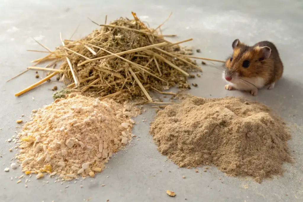 Vergleich von drei Hamster-Einstreuarten: Holzspäne, Heu & Stroh sowie Chinchillasand mit Erde.