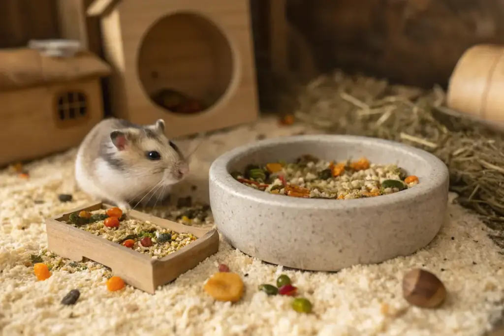 Artgerechter Hamster-Futterplatz mit Keramiknapf und lose verstreutem Futter auf Einstreu.