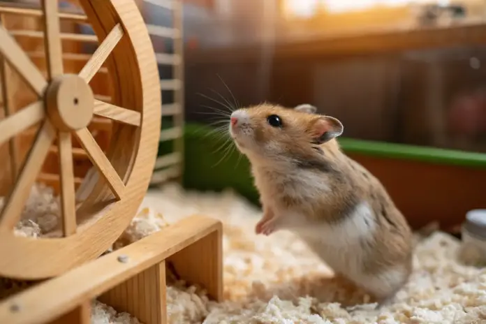 Artgerecht eingerichteter Hamsterkäfig mit neugierigem Zwerghamster.