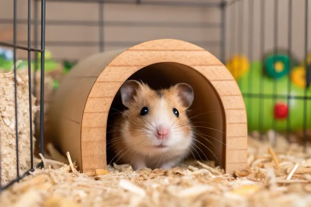 Hamster erkundet einen Holztunnel in einem artgerecht eingerichteten Käfig.