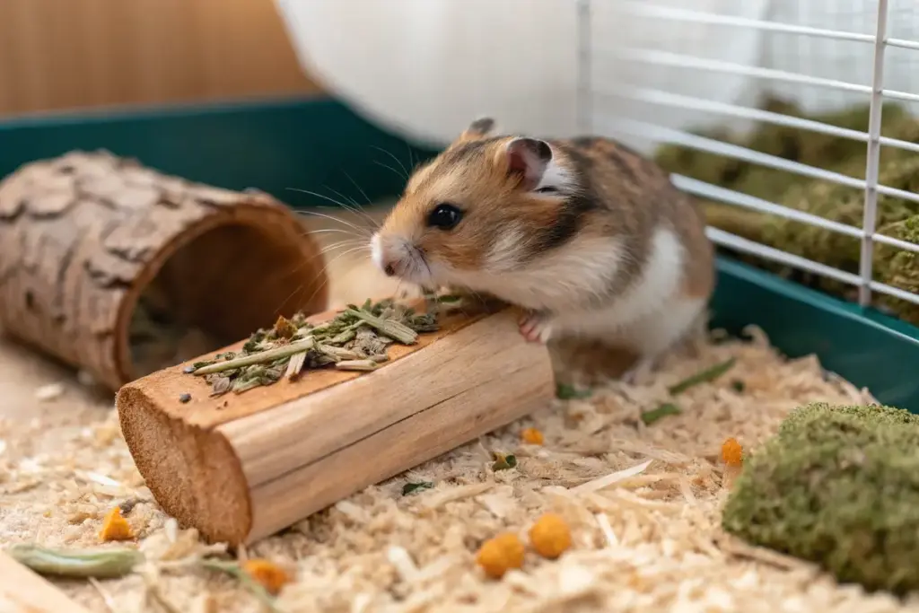 Hamster knabbert an einem Stück unbehandeltem Holz in einem artgerechten Käfig.