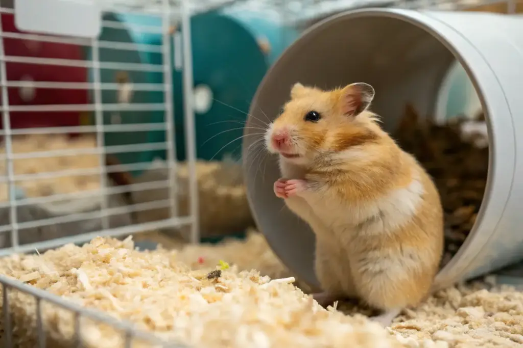 Goldhamster putzt sich in einem sicheren Käfig – Zeichen für Wohlbefinden.