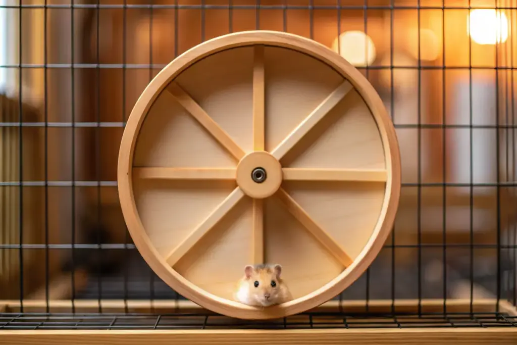 Hamster in einem an der Käfigwand befestigten Laufrad aus Holz.