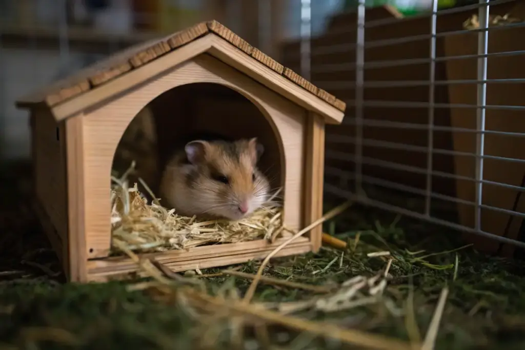 Schlafender Hamster in einem Häuschen mit weichem Nistmaterial.